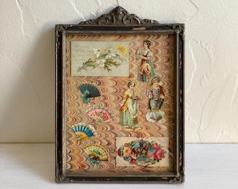 Vintage Victorian Paper Ephemera in Antique Frame, Early 1900&#39;s/Late 1800’s, Marbled Paper, Fans, General Logan, Bible Verse, Wall Art