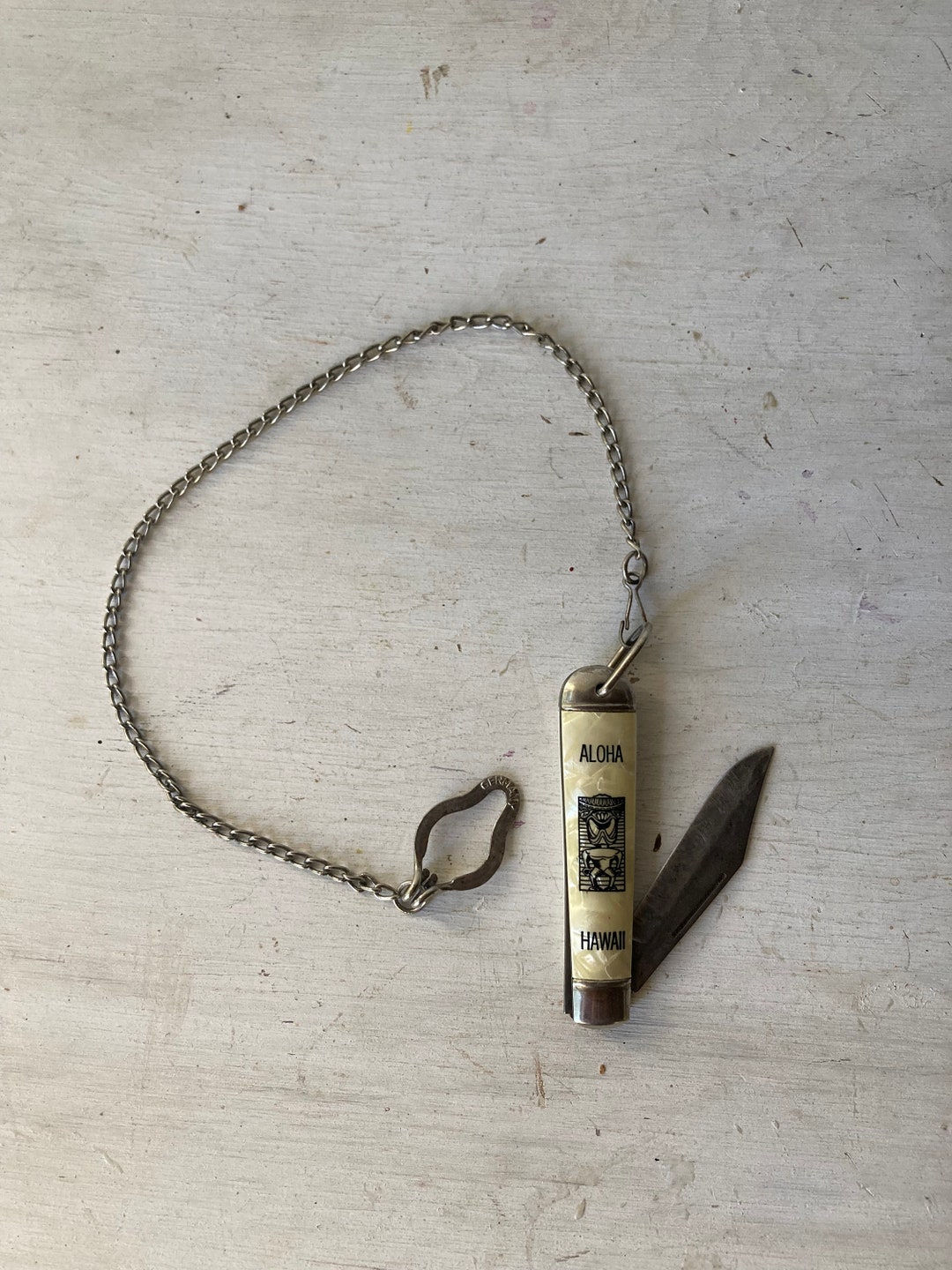 Vintage Hawaii Pocket Knife, Mother of Pearl, Silver Chain, Made in