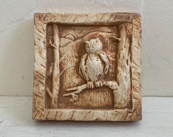 Vintage Ceramic Owl Tile Wall Art, Bird Lover Gift, Handmade Pottery, Folk Art, Brown/White