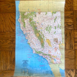 carte vintage des États-Unis de Californie et du Nevada, plastifiée, art mural, années 1970, décoration d'intérieur d'école primaire, 23 x 34, National Geographic