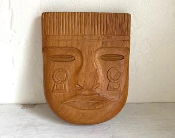 Vintage Wooden Face Wall Art, Mask, Hand Carved, Handmade, Signed, Folk Art, One of A Kind, Unique Gift, Home Decor, South/Central America