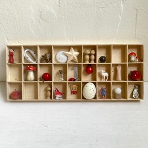 Vintage Red/White Shadowbox Art, Trinket Shelf, Small Things, Animals, Miniatures, Handmade, Mushrooms, Egg, Wall Art, Cabinet of Curiosity