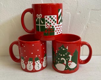 Vintage Set of 3 Waechtersbach Christmas Mugs, Snowman/Geese/Presents, Coffee/Tea