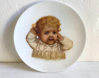 Plat décoratif vintage pour bébé peint à la main, assiette d'art mural, oeuvre d'art originale faite main, style des années 1930, unique et unique en son genre, art folklorique
