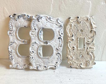 Set of 3 Painted Metal Light Switch/Outlet Covers, Rococo Style, Two Plug, Electrical