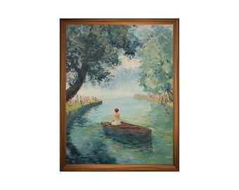 Frans vintage boot olieverfschilderij | Muurdecoratie aan het meer | Kunst over het leven aan het meer | Afdrukbaar kunstwerk