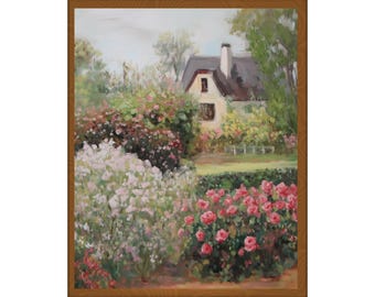 Pintura de jardín de rosas en una cabaña, arte de paisaje rústico de verano (impresión digital)