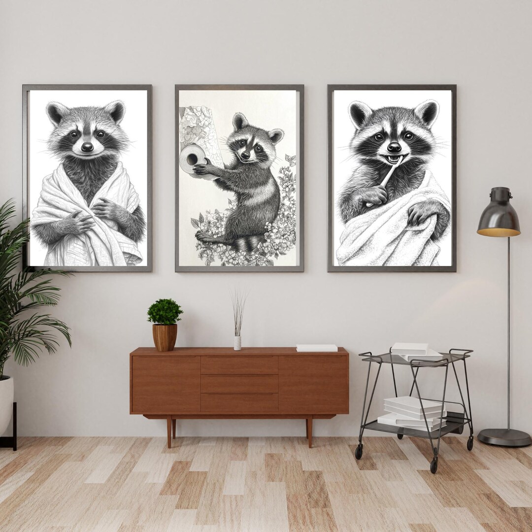 Whimsical Raccoon Bathroom Set | Funny Animal Art for Kids' Bathrooms ...