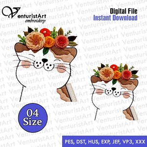 Cat Flowered Embroidery Homebody - Cat Embroidery Pattern - Cute Cat & Flowers Embroidery - 4x4 5x7 6x10 Sizes - Perfect for Pet Lovers