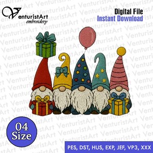 Charming Gnome Embroidery for Festive Crafting - Instant Download, Gnome Embroidery 4x4, 5x7, 6x10