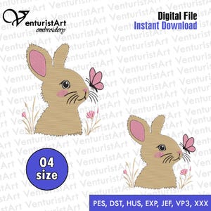 Easter Flower Bunny Embroidery Design - Chinoiseries Spring Rabbit, Instant Download