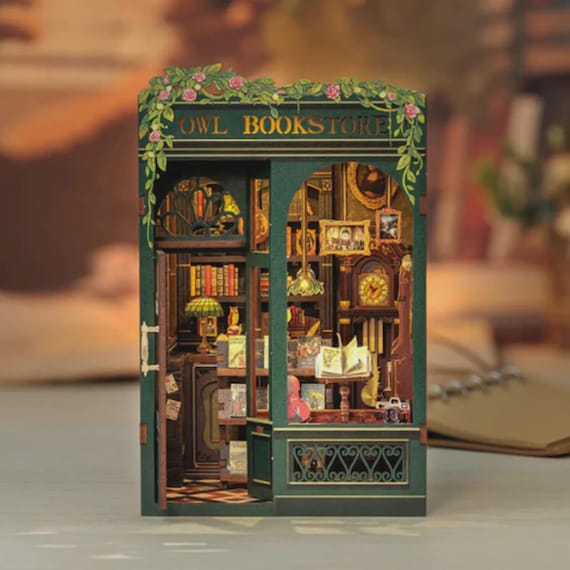 DIY Owl Bookstore Book Nook Kit: 3D Wooden Puzzle with LED Lights