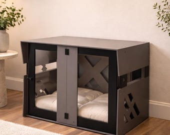 Gray Modern Wooden Dog Crate, Luxury Pet Kennel, Personalized Puppy House