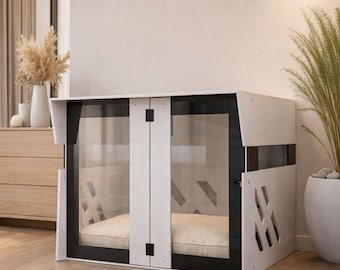 Mobile per cani in legno bianco, cuccia moderna per interni.