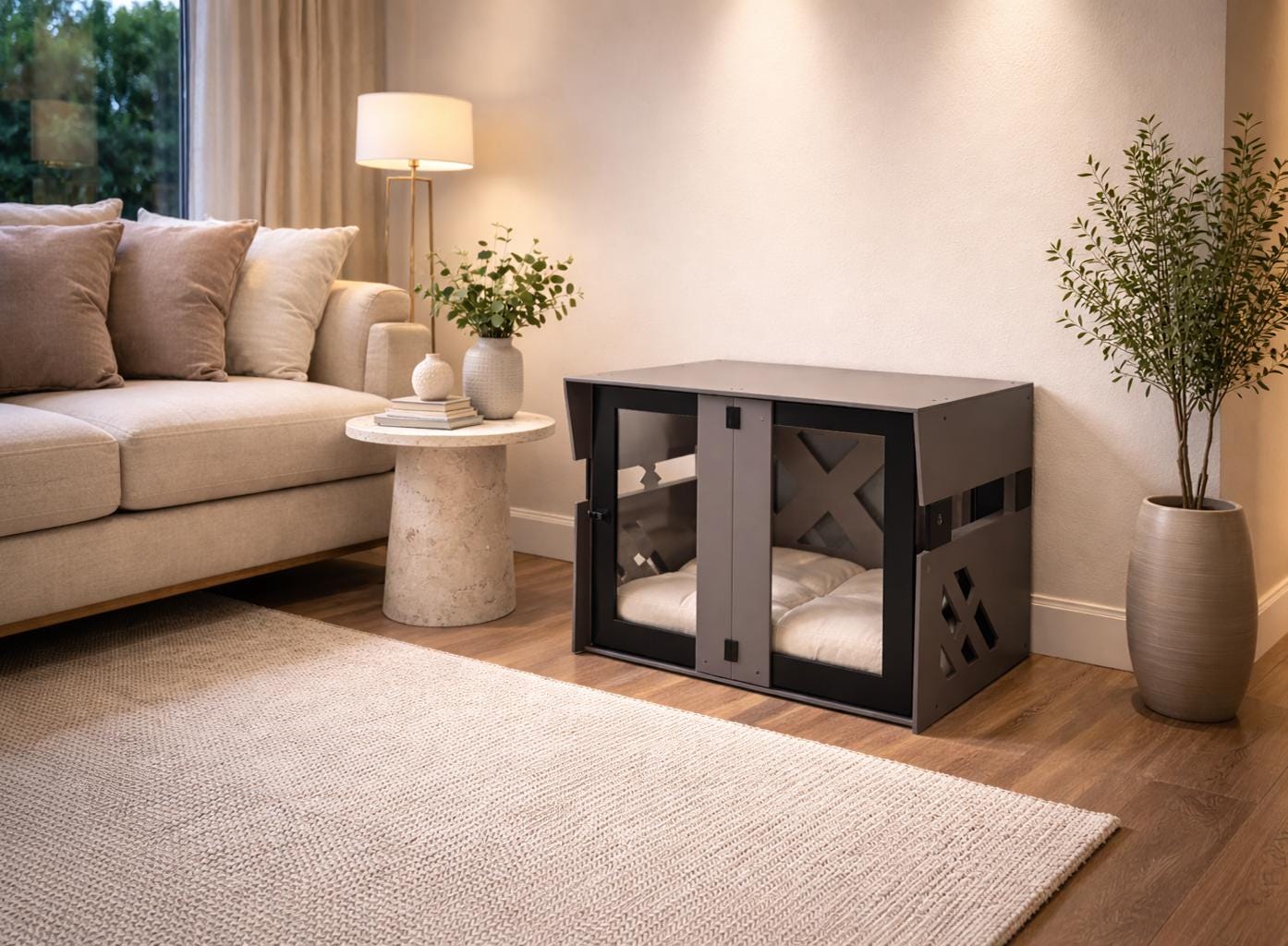 Gray Modern Wooden Dog Crate, Luxury Pet Kennel, Personalized Puppy House