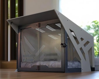 Gray Modern Indoor Dog House, Luxury Dog Crate Furniture, Wooden Dog Kennels, Pet Houses, Elegant Dog Bed with Cushion, Dog Create Interior