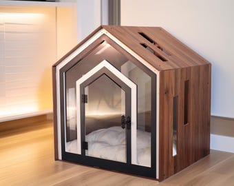 Brown Wooden Indoor Dog House Large Pet Furniture with Cushion, Corner Dog Crate, Large Pet Bed Wooden, Modern Dog Kennel XL,Dog House Table