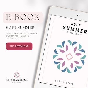 Op de afbeelding: Een digitale tablet toont een Soft Summer stijlgids met een bloemvormig geometrisch logo in blauw, paars en roze. De tekst op het scherm luidt Soft Summer, Style Guide en Soft & Cool. Een rode knop met PDF Download is zichtbaar.