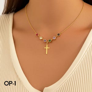 Cross Birthstone Necklace, Customized Birthstone Pendant For Mother, Christian Cross Necklace, Cross Religious Pendant, Birthstone Jewelry