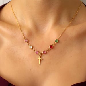 Birthstone Cross Necklace, Custom Birthstone Necklace For Mother, Cross Baptism Necklace, Cross Religious Pendant, Silver Birthstone Pendant