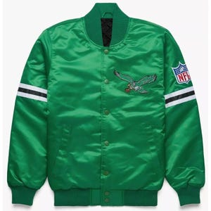 Męska kurtka Philadelphia Eagles Premium Satin Varsity – zielona, zapinana na zatrzaski, ekskluzywna edycja, styl Letterman, bezpłatna wysyłka, odzież dla fanów NFL