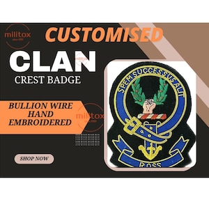 Scottish Clan Crest ,Personalized  Clan Crest Badge  - Handcrafted Bullion Wire Embroidery, Pocket Size, fast shipping