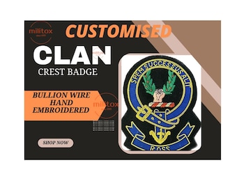 Scottish Clan Crest ,Personalized  Clan Crest Badge  - Handcrafted Bullion Wire Embroidery, Pocket Size, fast shipping