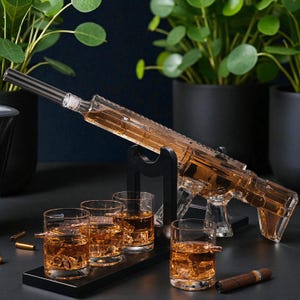 Gun-Shaped Whiskey Decanter Set with Glasses – Rifle Liquor Dispenser with Bullet Whiskey Glasses & Stand | Unique Gift for Him