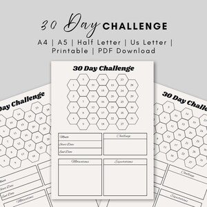 Desafío de 30 días / Seguimiento de objetivos y motivación / Tamaño A5, carta (EE. UU.), media página / Desafío mensual en PDF / Superación personal / Descarga digital