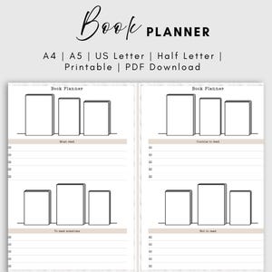 Planificador de libros imprimible en PDF: Organizador de listas de lectura (A4, A5, tamaño carta, media carta) - Descarga instantánea