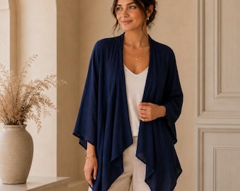 Kimono cárdigan de lino para mujer, prenda de lino holgada para el verano, kimono de playa estilo boho, capa ligera de lino, atuendo informal para vacaciones.