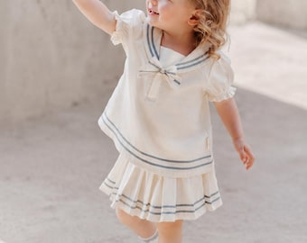 Outfitset met matrozenkraag meisjes, zomerbabytopje en plooirok, tweedelige outfit voor peuters in schoolstijl
