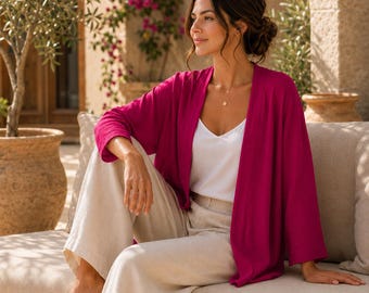 Cardigan in lino da donna, coprispalle kimono estivo leggero, giacca in lino trasparente, blusa ampia con apertura frontale, cardigan casual da spiaggia