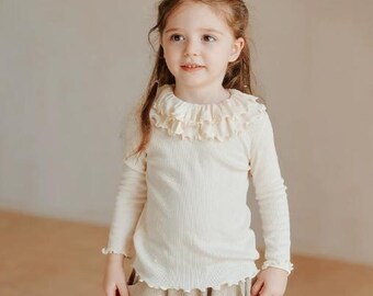 Baby Girl Ruffle Collar Cotton Modal Top, Long Sleeve Pullover Shirt, Soft Spring Autumn Toddler T-Shirt