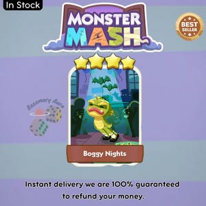 Puede incluir: Una tarjeta de juego digital titulada Monster Mash que presenta una criatura verde en una escena llamada Boggy Nights. La tarjeta muestra cuatro estrellas amarillas en la parte superior, una insignia dorada Best Seller y el texto Rosemary Aura con dos dados.