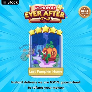 K&ouml;nnte beinhalten: Monopoly Ever After Spielkarte mit einer K&uuml;rbis-Kutsche mit der Aufschrift "Last Pumpkin Home". Die Karte ist vor blauem Hintergrund mit einem "Best Seller"-Abzeichen und den Worten "In Stock".