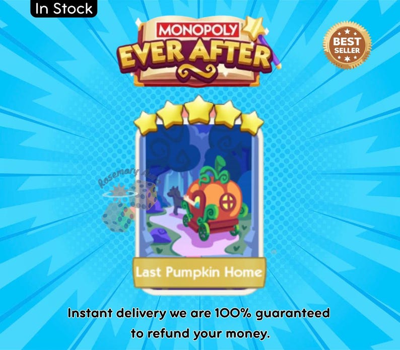 K&ouml;nnte beinhalten: Monopoly Ever After Spielkarte mit einer K&uuml;rbis-Kutsche mit der Aufschrift "Last Pumpkin Home". Die Karte ist vor blauem Hintergrund mit einem "Best Seller"-Abzeichen und den Worten "In Stock".
