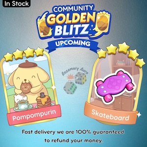 Tanto la patineta Golden Blitz como las pegatinas Pompompurin de 4 estrellas - Monopoly Go! Combo dorado más barato - Álbum de mascotas Posh