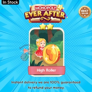 Puede incluir: Una tarjeta del juego Monopoly Ever After con una ilustración de dibujos animados de una niña con un vestido rojo y una gran moneda de oro. La tarjeta está etiquetada como "High Roller" y tiene una insignia de "Best Seller". El fondo es azul con un diseño de cómic.