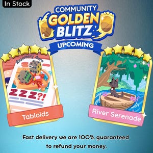 May include: Promotional graphic for a Community Golden Blitz event. Two game cards are featured: "Tabloids" with dice and a sleeping creature, and "River Serenade" with a dog on a raft. The text "Upcoming" is visible.
