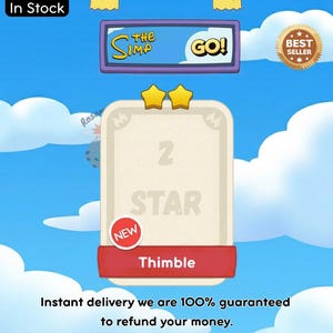 Op de afbeelding: Een digitale spelkaart met een twee-sterrenbeoordeling, een rood label met de tekst Thimble en een kleine rode cirkel met het woord NEW. Boven de kaart staat een paarse banner met de tekst THE SIMP GO! en een gouden BEST SELLER badge op een blauwe lucht.