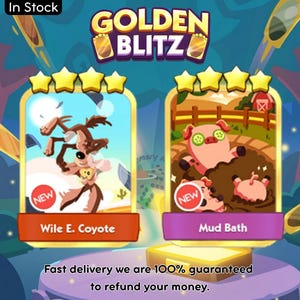 May include: A digital graphic featuring two game cards titled Wile E. Coyote and Mud Bath under a Golden Blitz banner. The Wile E. Coyote card shows a brown coyote character, while the Mud Bath card depicts pink pigs in mud with cucumber slices.