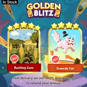 May include: A Golden Blitz game graphic featuring two rectangular cards with five-star ratings. The left card shows a cornfield with the text Rustling Corn. The right card shows a white cat wearing a top hat with the text Scaredy Cat.