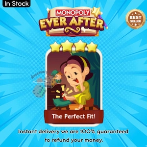 Może przedstawiać: Karta gry Monopoly Ever After z kreskówkową ilustracją kobiety w żółtych ubraniach. Karta ma baner z napisem "The Perfect Fit!" i słowami "In Stock" w lewym górnym rogu. Odznaka "Best Seller" znajduje się w prawym górnym rogu.