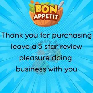 Peut inclure: Une carte graphique bleue avec un bol de salade illustr&eacute; et le texte BON APPETIT en haut. Le texte central indique Thank you for purchasing leave a 5 star review pleasure doing business with you. Le fond pr&eacute;sente un motif en rayons bleus.