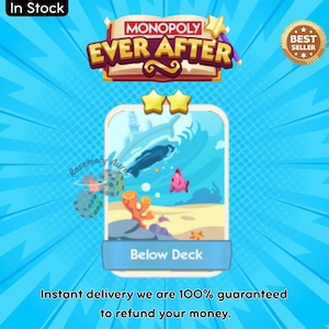 Może przedstawiać: Karta gry Monopoly Ever After przedstawiająca podwodną scenę z wielorybem, rybami i koralowcami. Karta oznaczona jest jako "Below Deck" i ma dwie złote gwiazdki. Obraz zawiera tekst "In Stock" i "Best Seller".