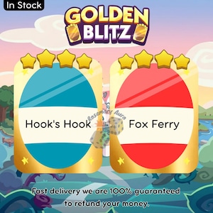 May include: Image features two game cards labeled "Hook's Hook" and "Fox Ferry" with gold star ratings. The cards have a blue and red design, respectively, with white text. The words "GOLDEN BLITZ" are at the top.