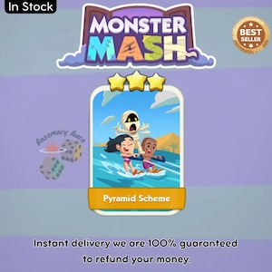 May include: A digital game card titled Pyramid Scheme featuring a cartoon mummy and two people water skiing on blue water under a sunny sky. The card has three yellow stars at the top and the text Monster Mash above it. A dice graphic is visible.
