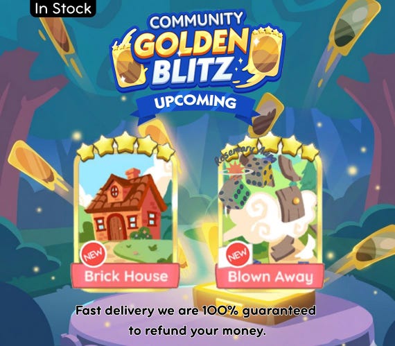 Both Golden Blitz Sticker Blown Away and Brick House  – Cheapest Price, Fast Delivery, Monopoly GO Sticker Trade