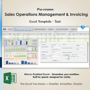 以下が含まれることがあります： 販売業務管理と請求のためのExcelテンプレート。インターフェースはデータ視覚化とデータ入力フィールドを表示します。テキストには「Pro version」、「Excel Template - Tool」、および「Macro-Enabled Excel - Streamline your workflow」が含まれています。
